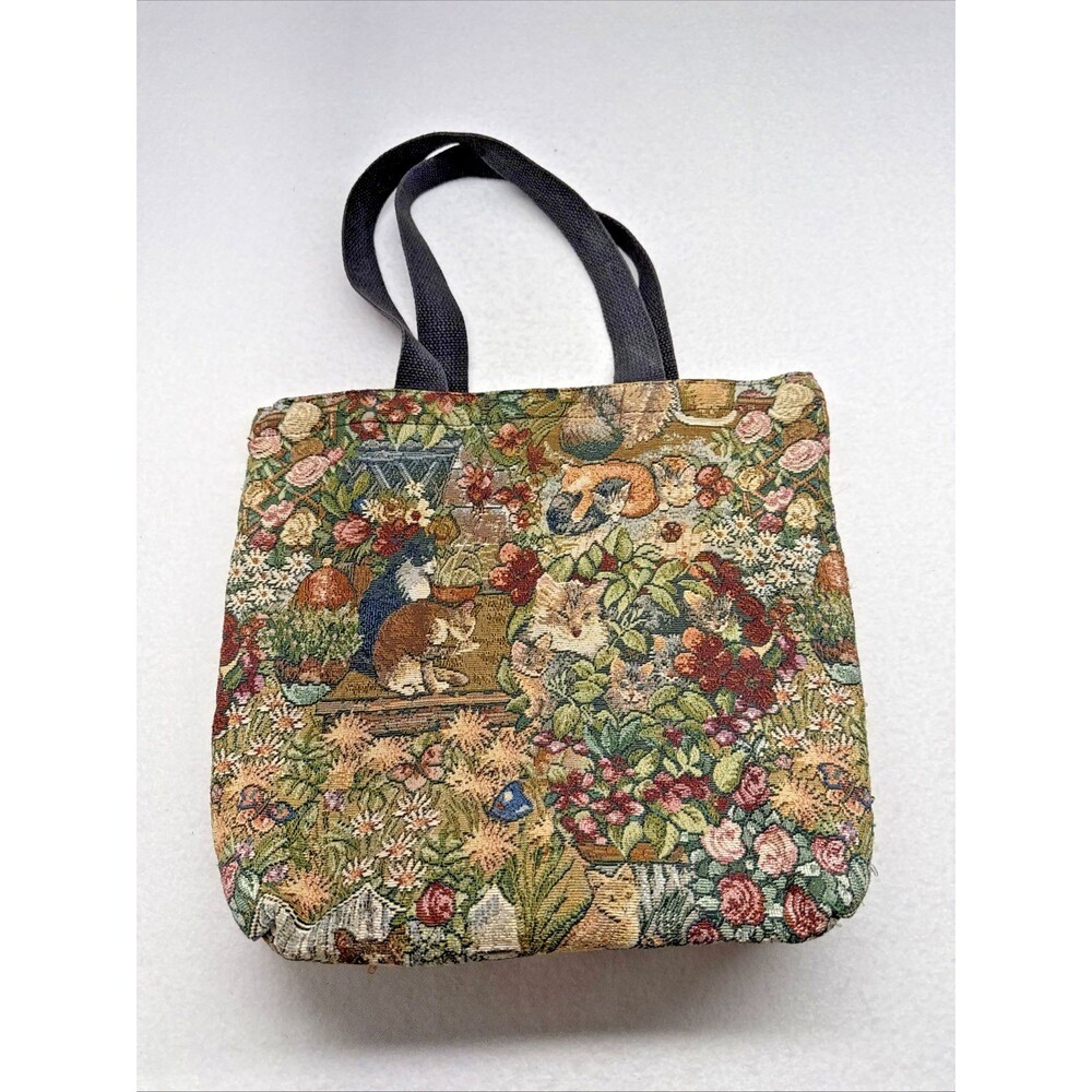 Dancing-Cat Tapestry Tote Bag Cats Floral Garden Made USA Cottagecore Vintage